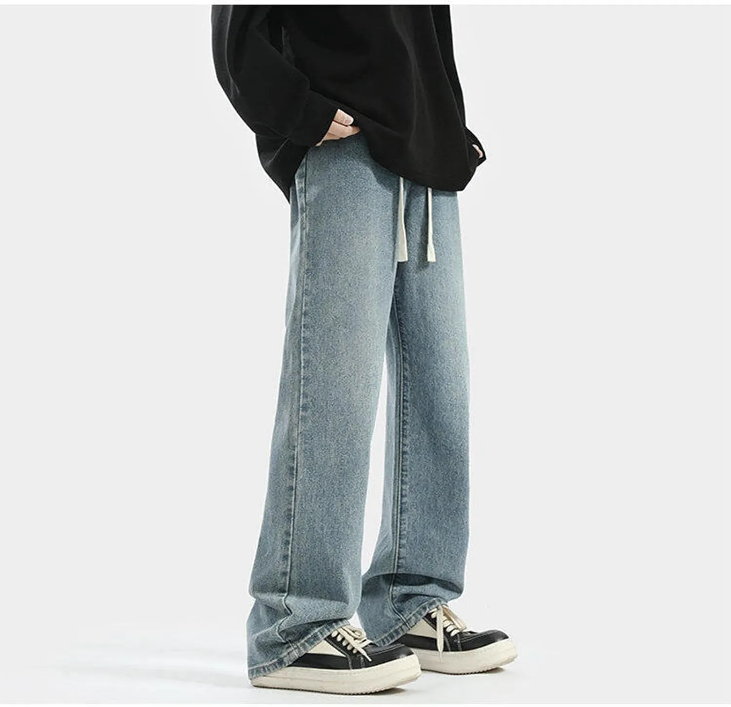 Men's Relaxed Fit Jeans Washed Vintage Denim Pants Teen Boys Jeans Casual Straight Leg Drawstring Trousers Streetwear