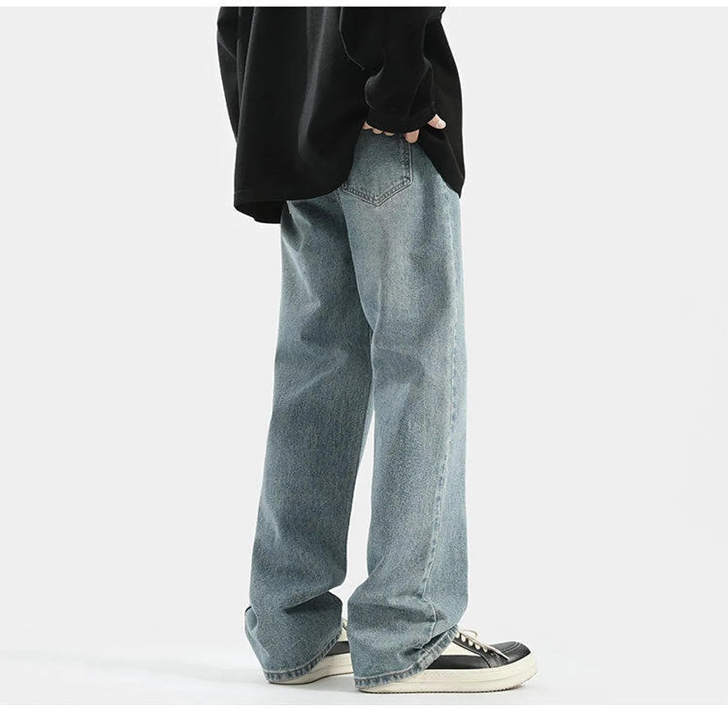 Men's Relaxed Fit Jeans Washed Vintage Denim Pants Teen Boys Jeans Casual Straight Leg Drawstring Trousers Streetwear