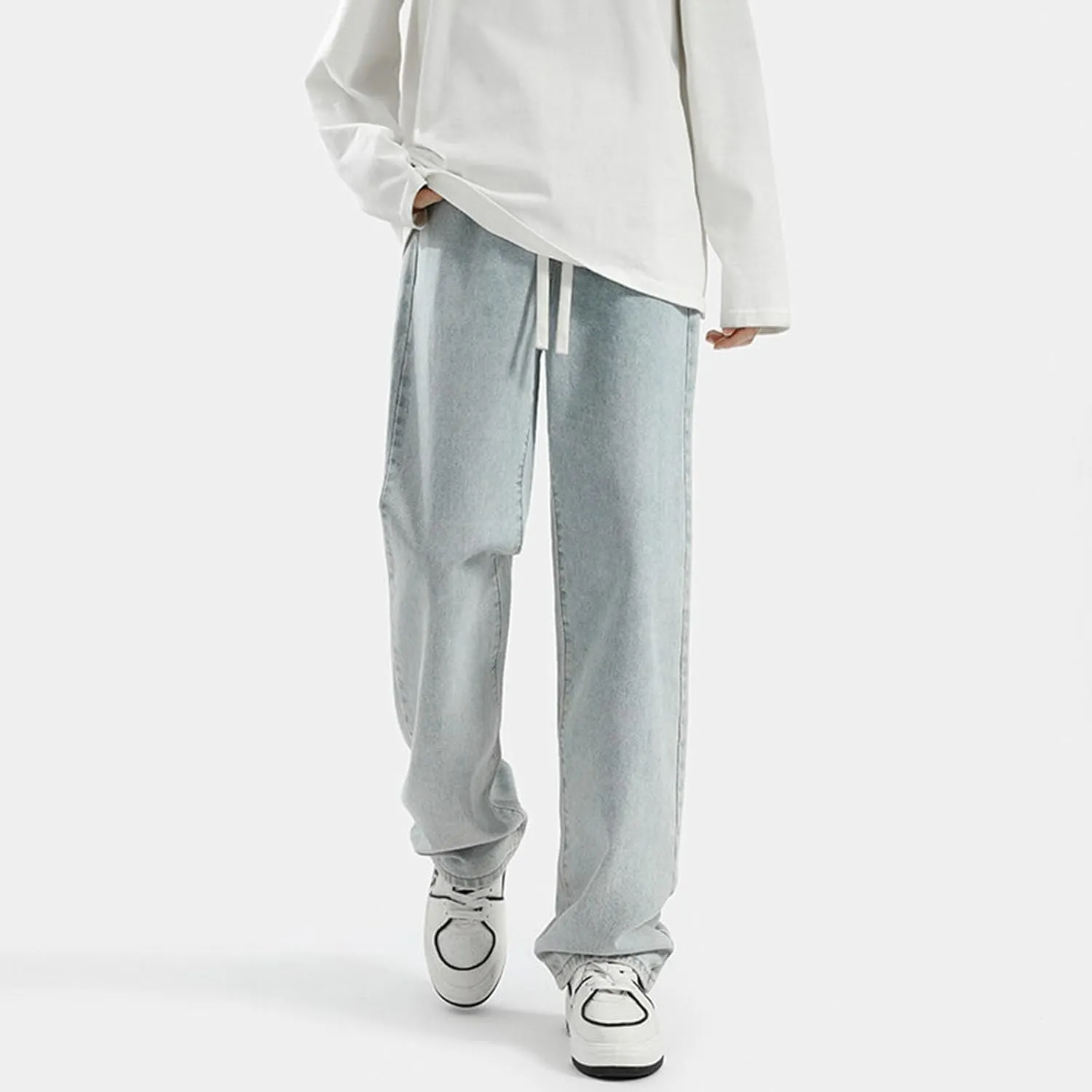 Men's Relaxed Fit Jeans Washed Vintage Denim Pants Teen Boys Jeans Casual Straight Leg Drawstring Trousers Streetwear