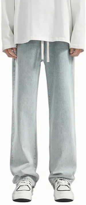 Men's Relaxed Fit Jeans Washed Vintage Denim Pants Teen Boys Jeans Casual Straight Leg Drawstring Trousers Streetwear