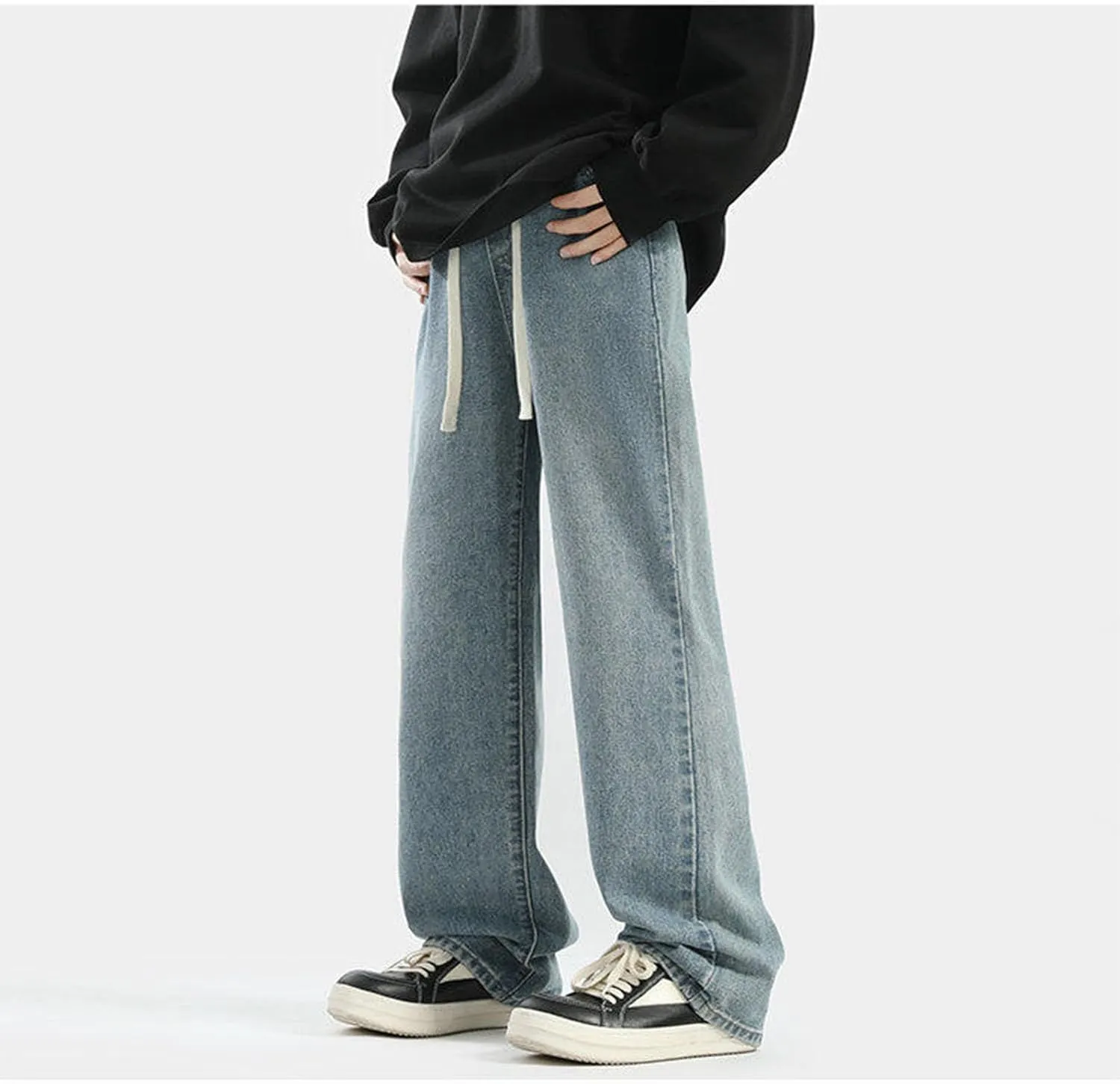 Men's Relaxed Fit Jeans Washed Vintage Denim Pants Teen Boys Jeans Casual Straight Leg Drawstring Trousers Streetwear