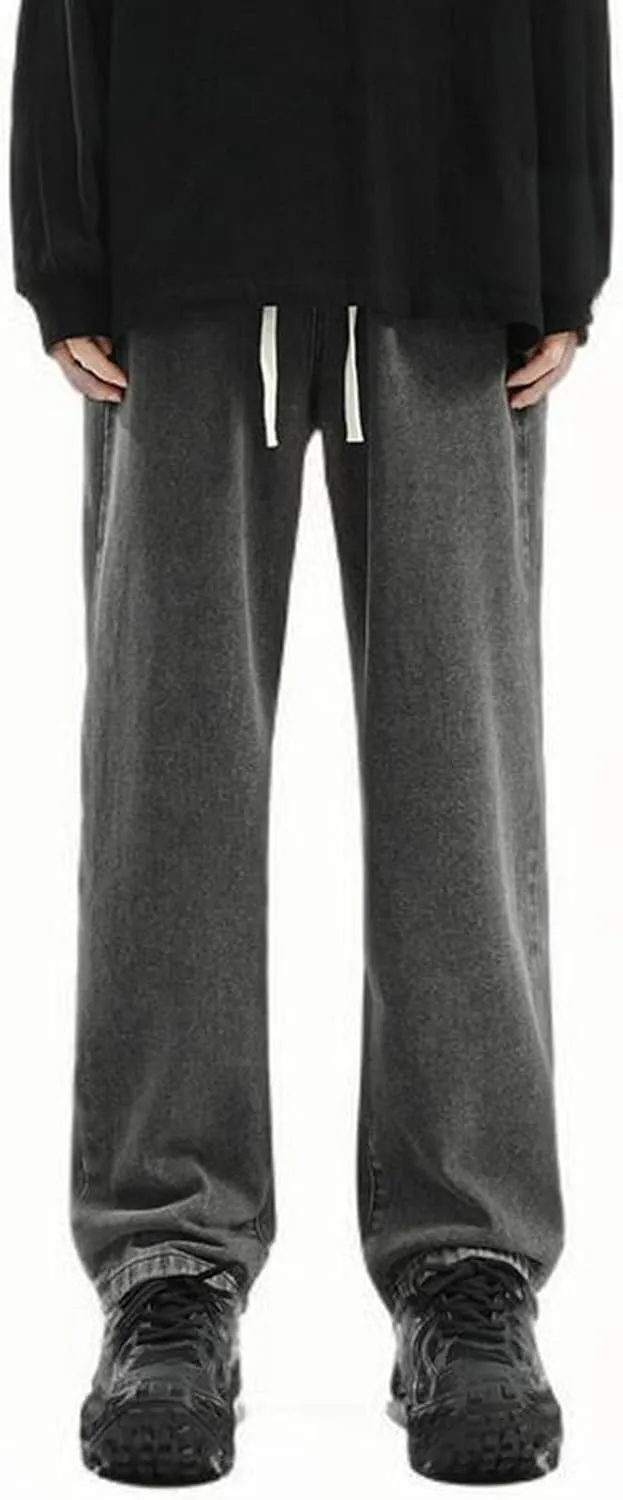 Men's Relaxed Fit Jeans Washed Vintage Denim Pants Teen Boys Jeans Casual Straight Leg Drawstring Trousers Streetwear