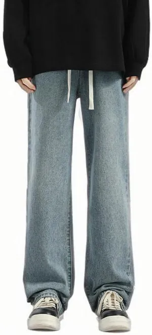 Men's Relaxed Fit Jeans Washed Vintage Denim Pants Teen Boys Jeans Casual Straight Leg Drawstring Trousers Streetwear