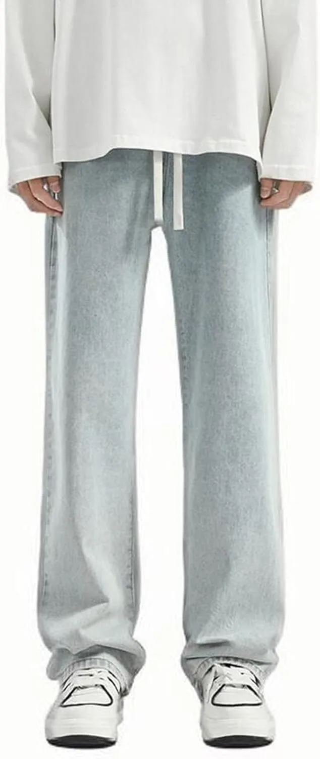 Men's Relaxed Fit Jeans Washed Vintage Denim Pants Teen Boys Jeans Casual Straight Leg Drawstring Trousers Streetwear