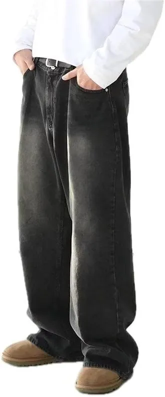 Men's Retro Jeans American Washed Straight Leg Denim Pants Vintage Look Mid Waist Relaxed Fit Jeans and Classic Design