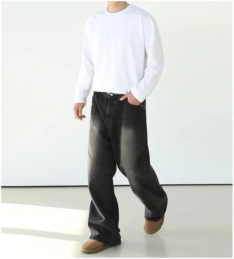 Men's Retro Jeans American Washed Straight Leg Denim Pants Vintage Look Mid Waist Relaxed Fit Jeans and Classic Design