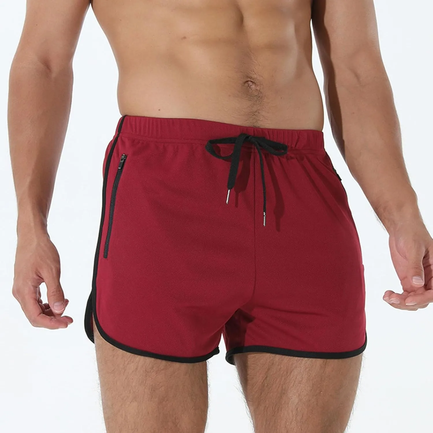 Men's Running Shorts Drawstring Bodybuilding Short Breathing Quick Dry Workout Training Pants with Zipper Pockets