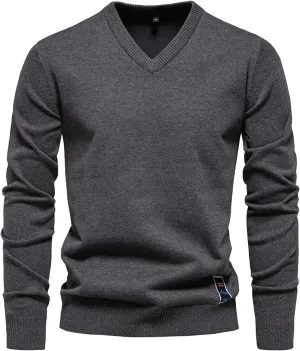 Men's V-Neck Dress Sweater Long Sleeve Slim Fit Fashion Pullover Solid Color Lightweight Casual Wool Ribbed Knit Tops