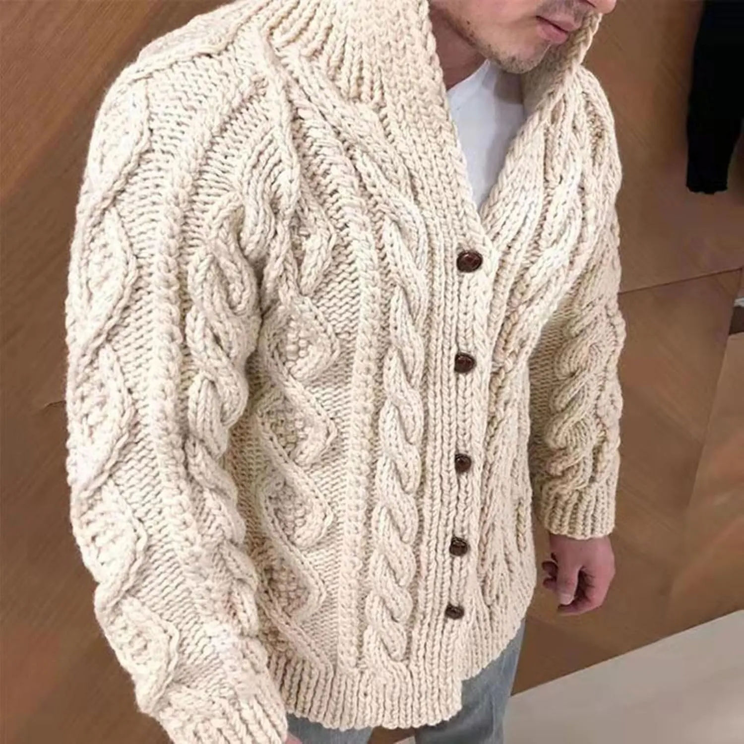 Men's V Neck Sweater Long Sleeve Shawl Collar Pullover Knitted Button Down Tops Solid Color Knitwear Oversize Sweater