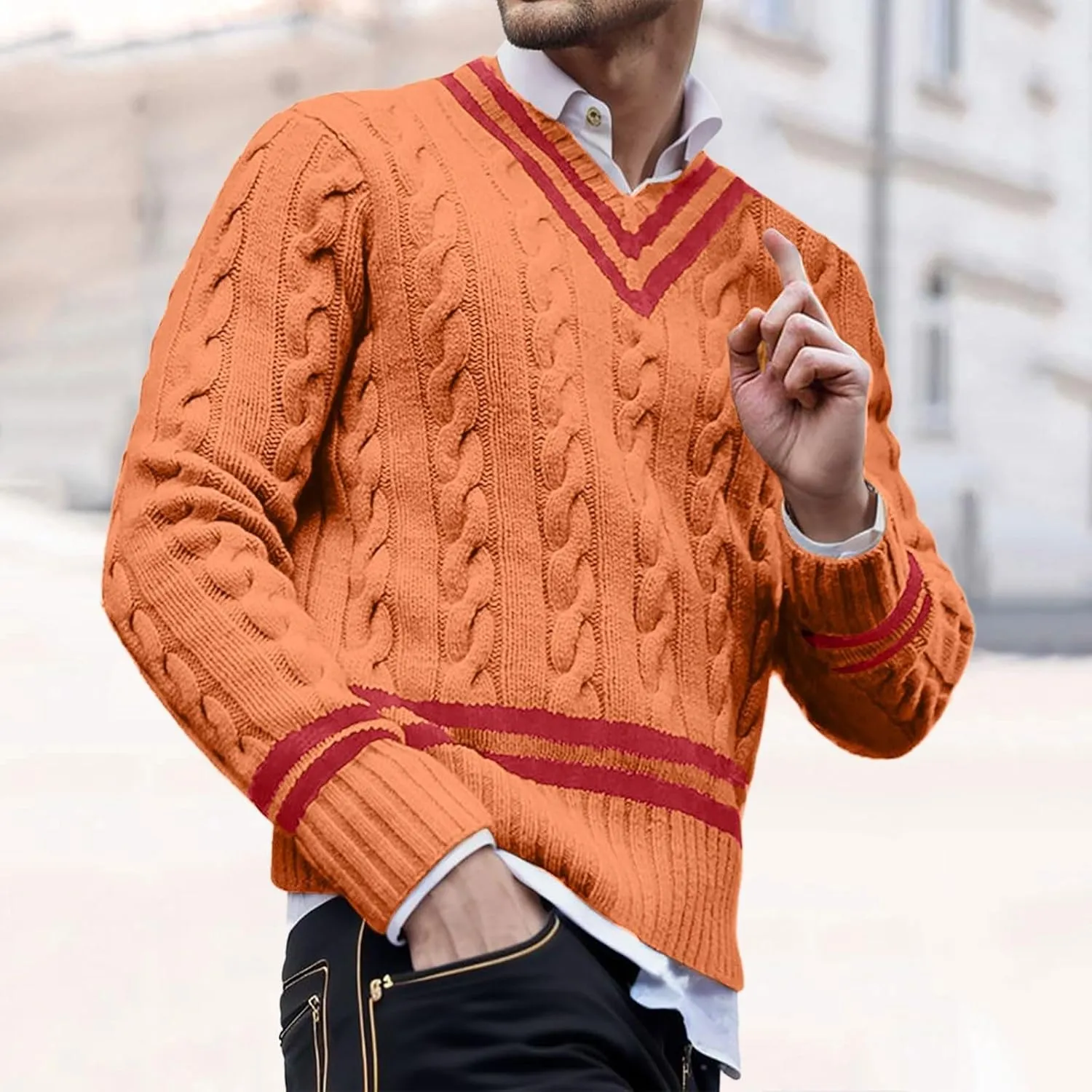 Men's V Neck Sweater Long Sleeve Striped Pullover Twist Textured Ribbed Tops Knitted Casual Loose Oversize Sweater