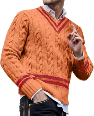 Men's V Neck Sweater Long Sleeve Striped Pullover Twist Textured Ribbed Tops Knitted Casual Loose Oversize Sweater