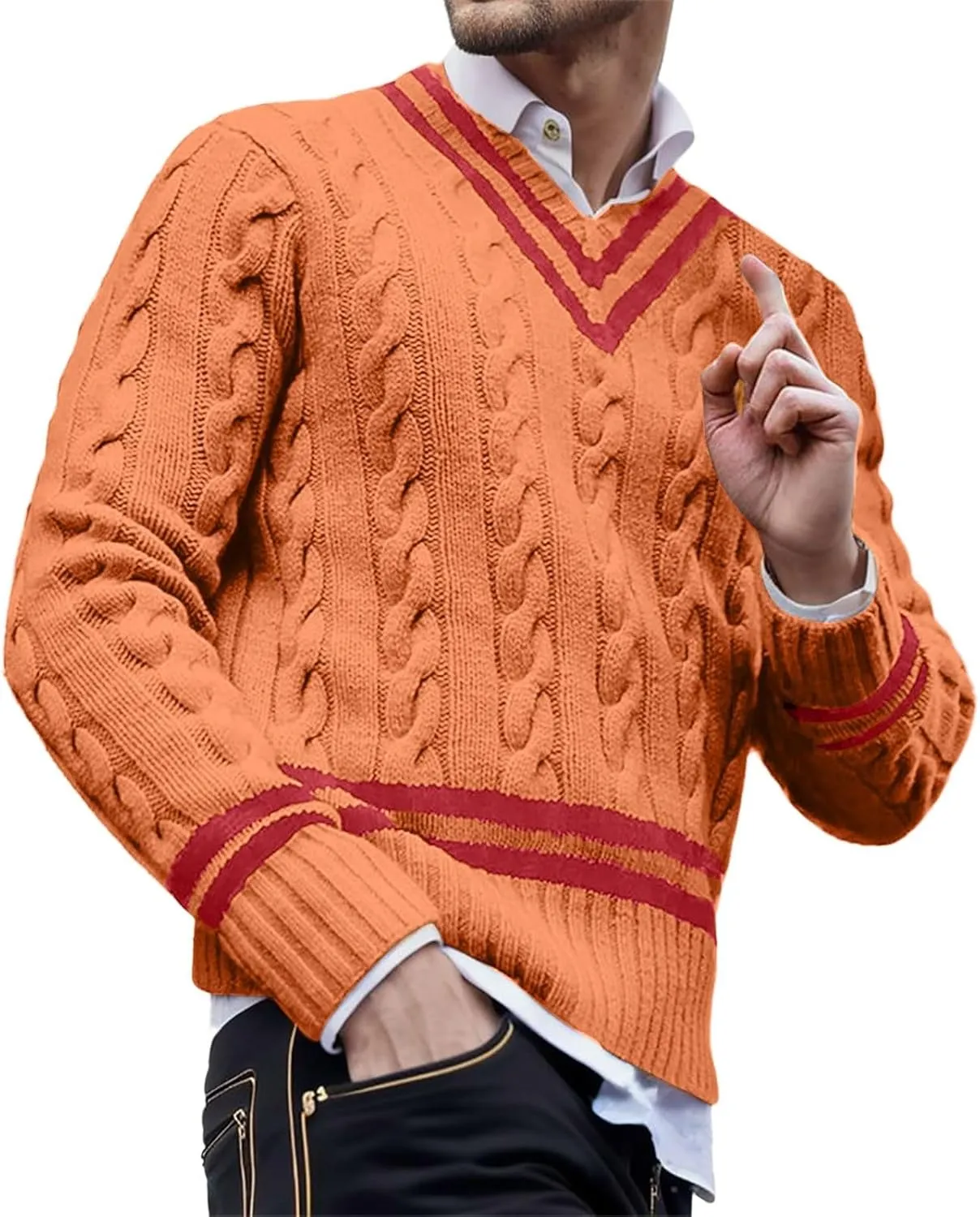 Men's V Neck Sweater Long Sleeve Striped Pullover Twist Textured Ribbed Tops Knitted Casual Loose Oversize Sweater