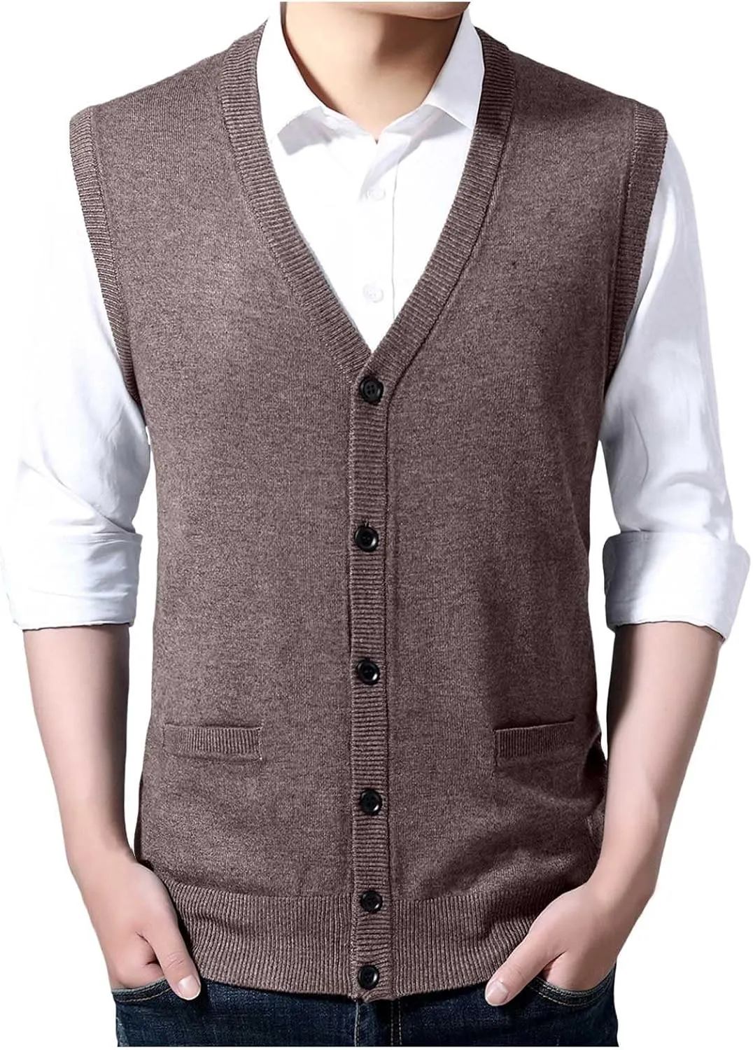 Men's V Neck Sweater Vest Notch Collar Button Down Shirts Solid Color Sleeveless Tops Knitted with Pockets Knitwear