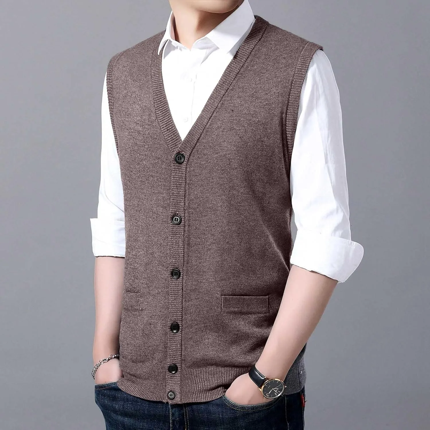 Men's V Neck Sweater Vest Notch Collar Button Down Shirts Solid Color Sleeveless Tops Knitted with Pockets Knitwear