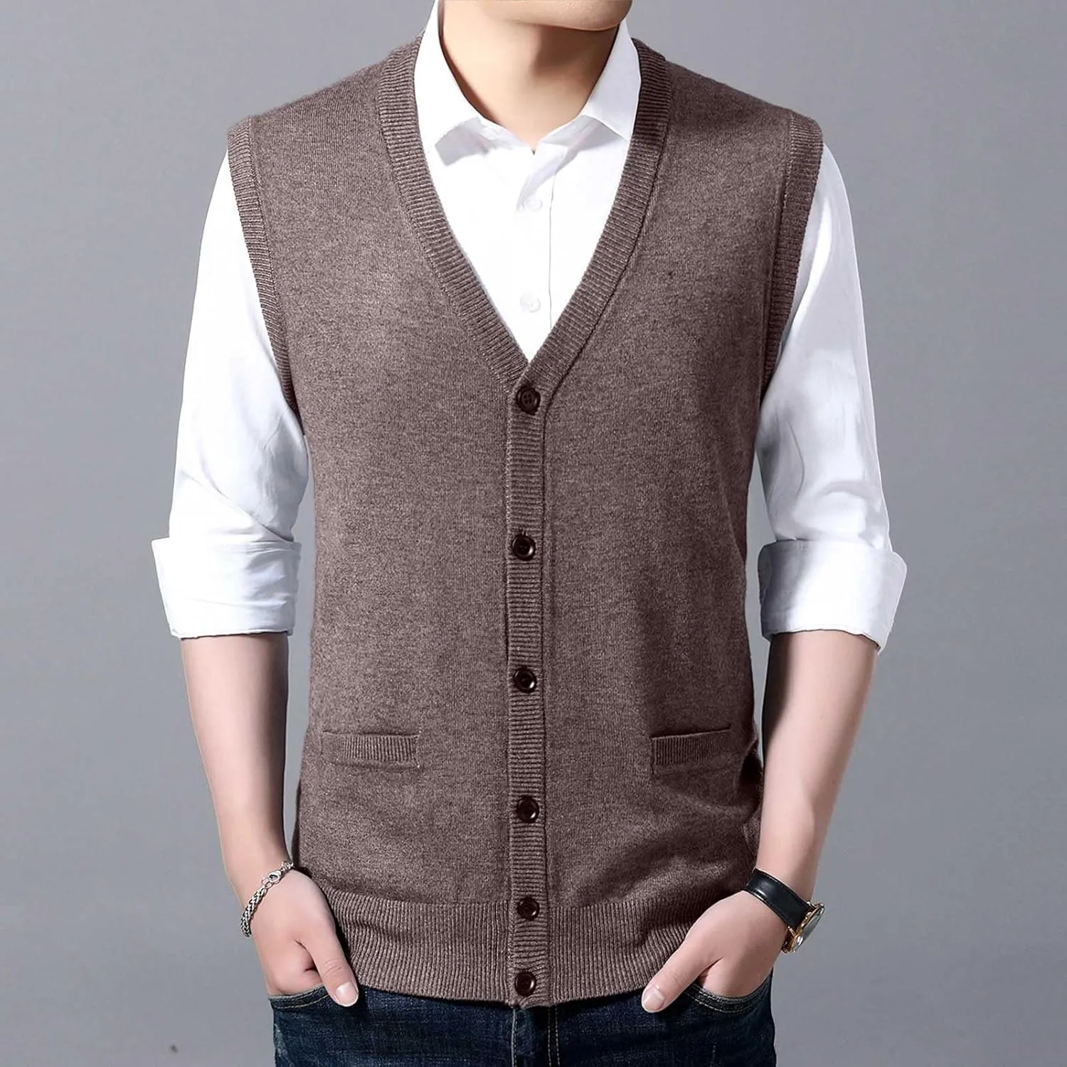 Men's V Neck Sweater Vest Notch Collar Button Down Shirts Solid Color Sleeveless Tops Knitted with Pockets Knitwear