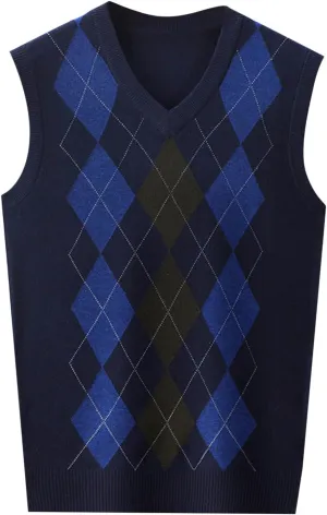 Men's V Neck Sweater Vest Sleeveless Knitted Pullover Plaid Color Block Knitwear Casual Loose Fall Fashion Sweater