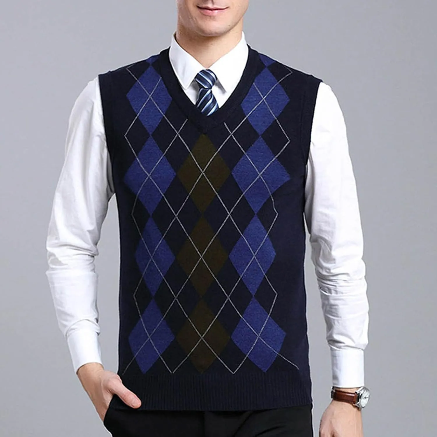 Men's V Neck Sweater Vest Sleeveless Knitted Pullover Plaid Color Block Knitwear Casual Loose Fall Fashion Sweater