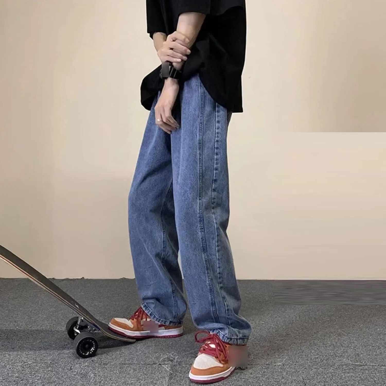 Men's Vintage Loose Patchwork Jeans Hip Hop Baggy Skateboard Denim Pants Straight Retro Streetwear Jean Trousers