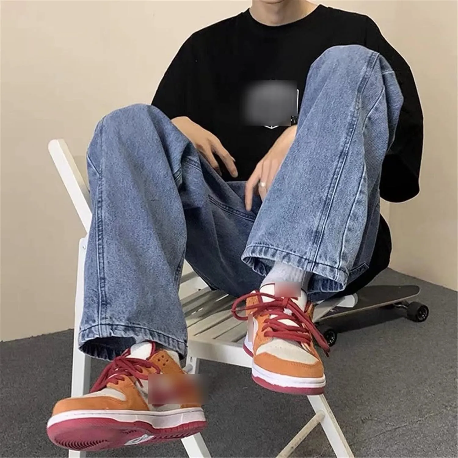 Men's Vintage Loose Patchwork Jeans Hip Hop Baggy Skateboard Denim Pants Straight Retro Streetwear Jean Trousers