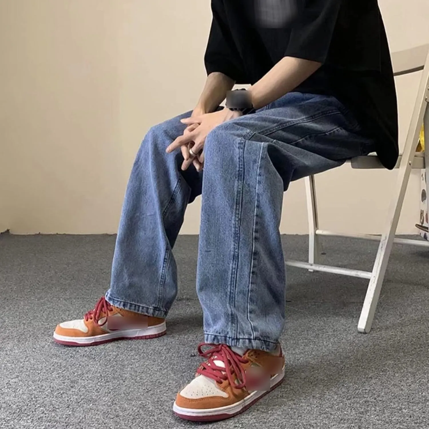 Men's Vintage Loose Patchwork Jeans Hip Hop Baggy Skateboard Denim Pants Straight Retro Streetwear Jean Trousers