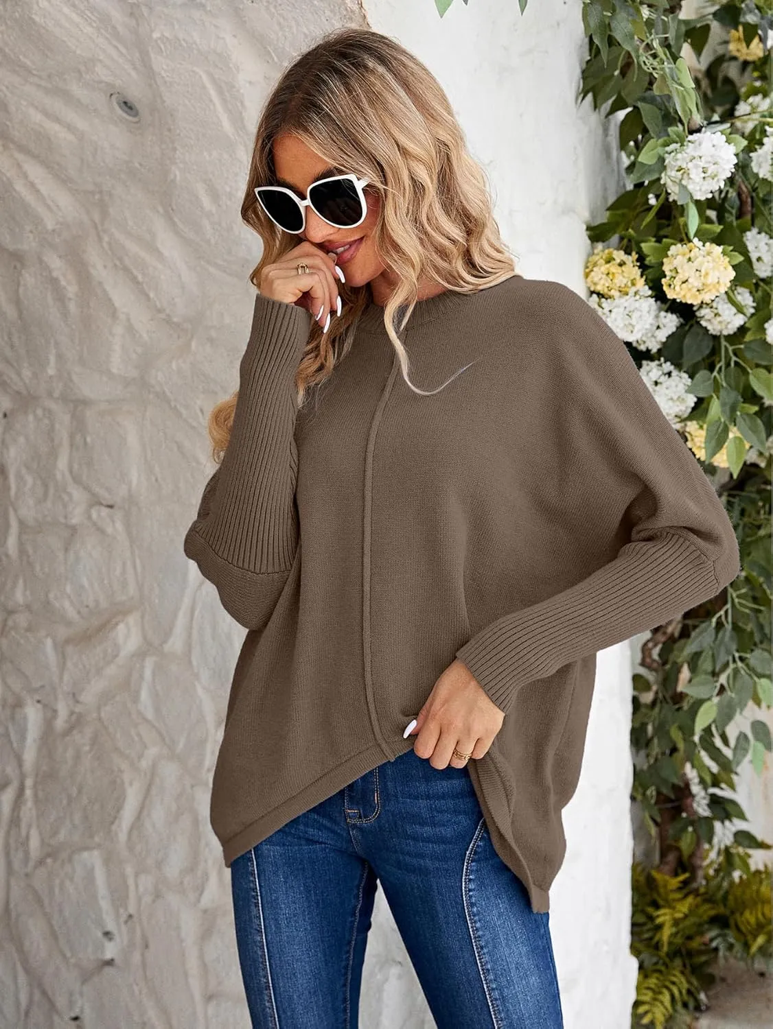 Miessial Women's Oversized Knit Tunic Sweater Long Batwing Sleeve Mock Neck Sweaters Fall Outfits Winter Pullover Jumper Top