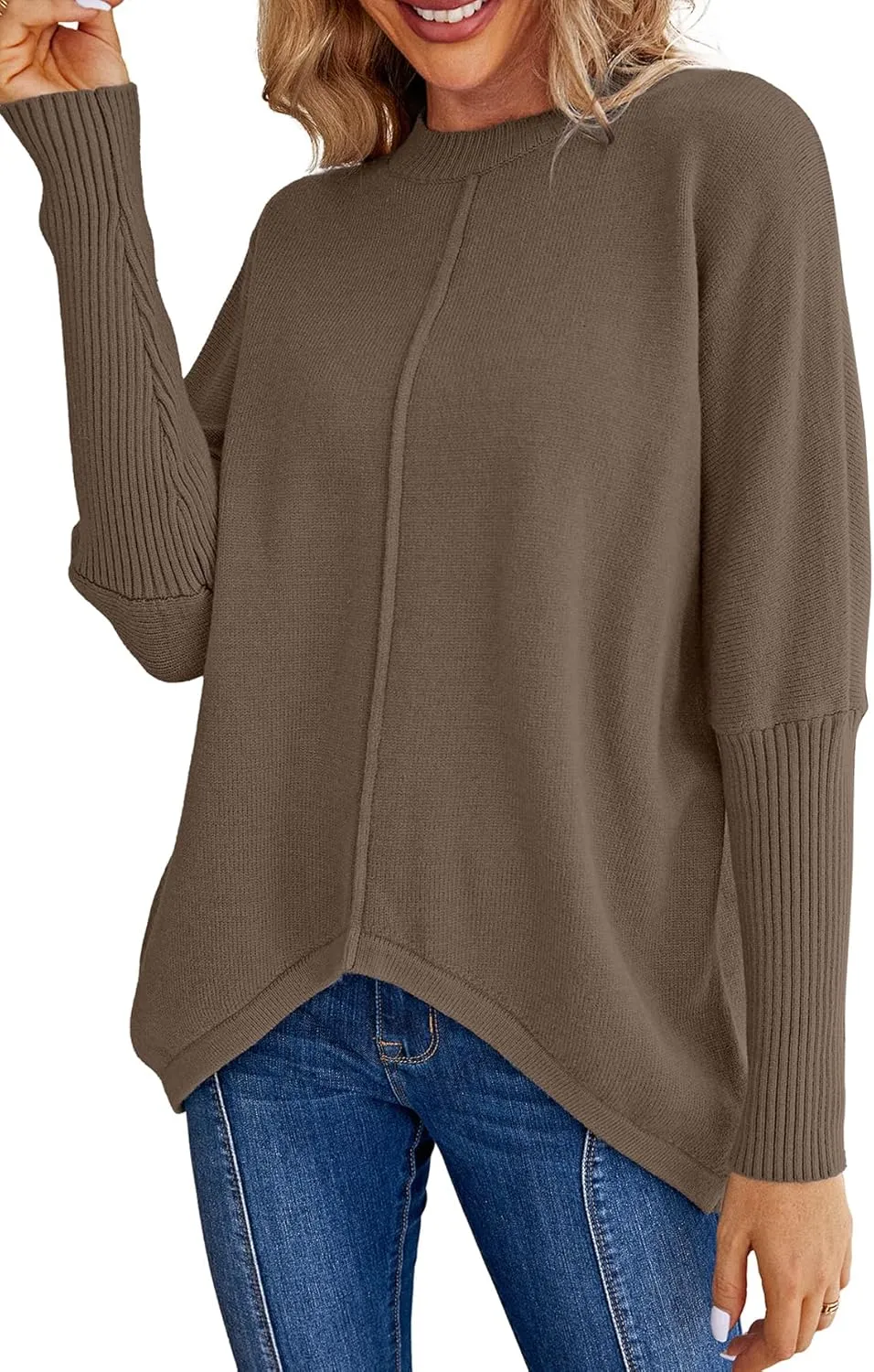 Miessial Women's Oversized Knit Tunic Sweater Long Batwing Sleeve Mock Neck Sweaters Fall Outfits Winter Pullover Jumper Top