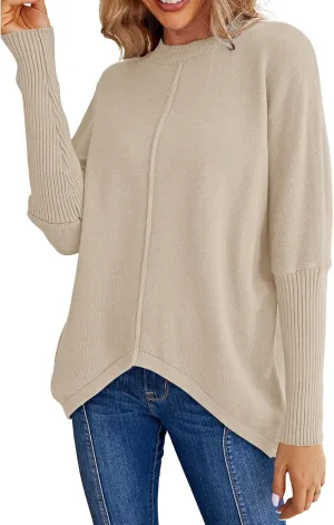 Miessial Women's Oversized Knit Tunic Sweater Long Batwing Sleeve Mock Neck Sweaters Fall Outfits Winter Pullover Jumper Top