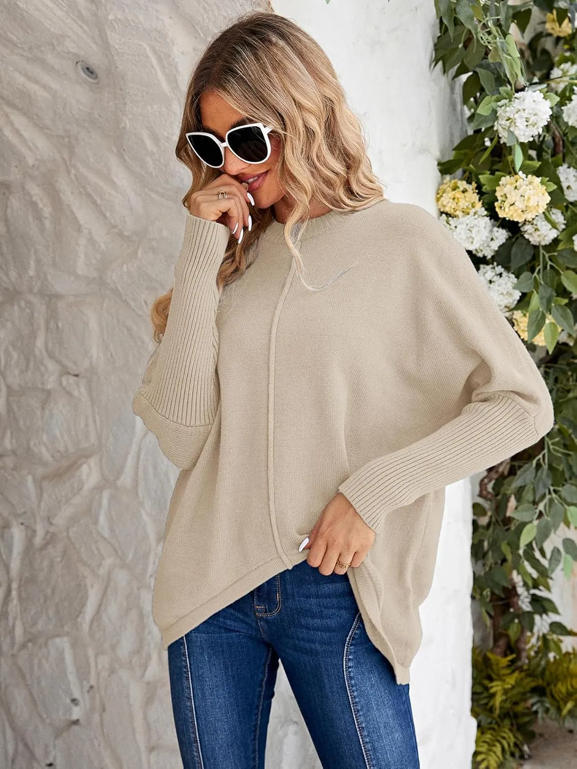 Miessial Women's Oversized Knit Tunic Sweater Long Batwing Sleeve Mock Neck Sweaters Fall Outfits Winter Pullover Jumper Top