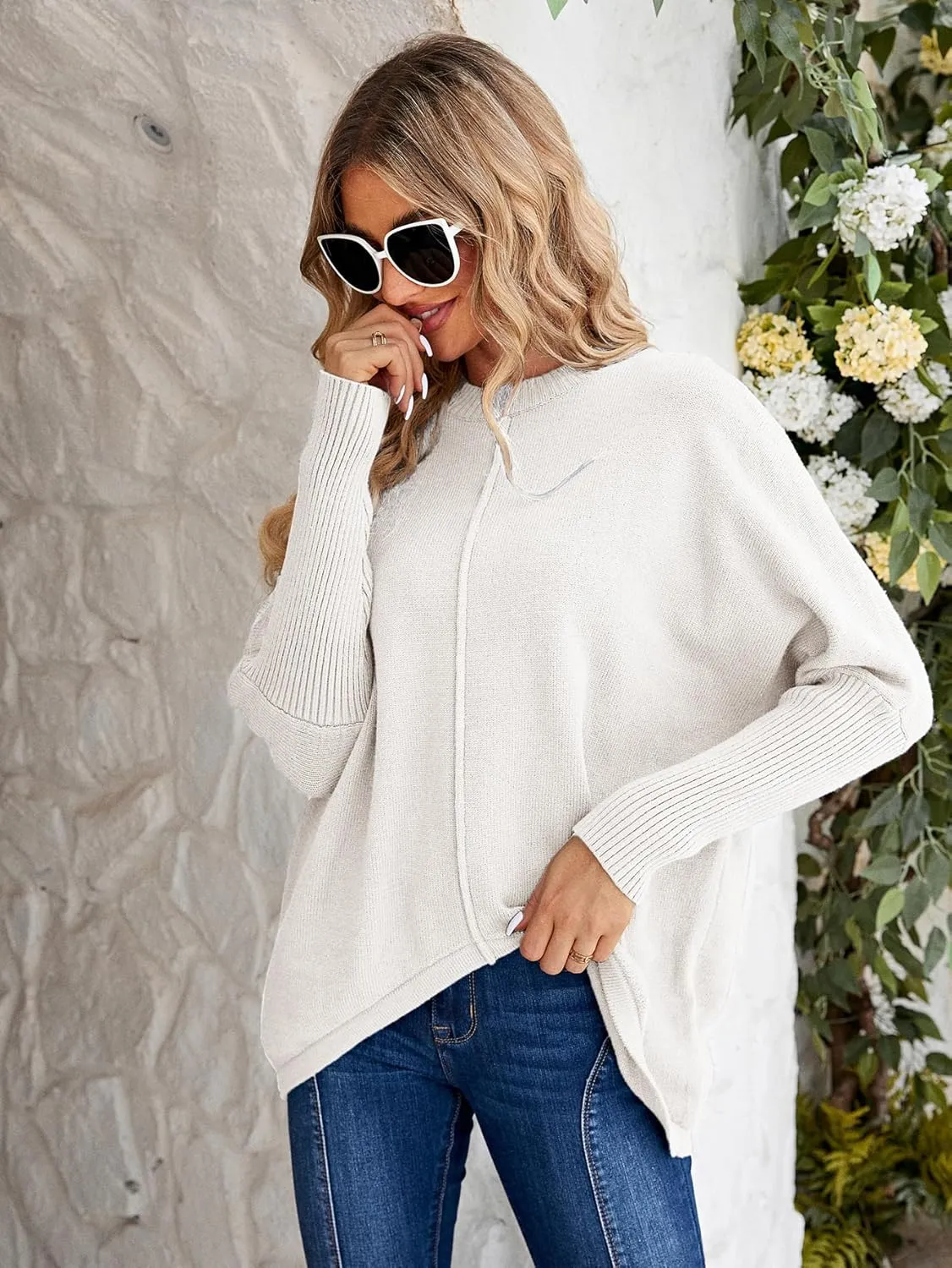 Miessial Women's Oversized Knit Tunic Sweater Long Batwing Sleeve Mock Neck Sweaters Fall Outfits Winter Pullover Jumper Top