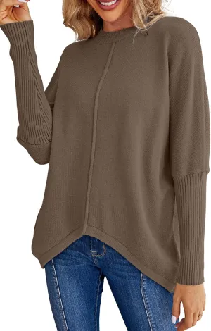 Miessial Women's Oversized Knit Tunic Sweater Long Batwing Sleeve Mock Neck Sweaters Fall Outfits Winter Pullover Jumper Top