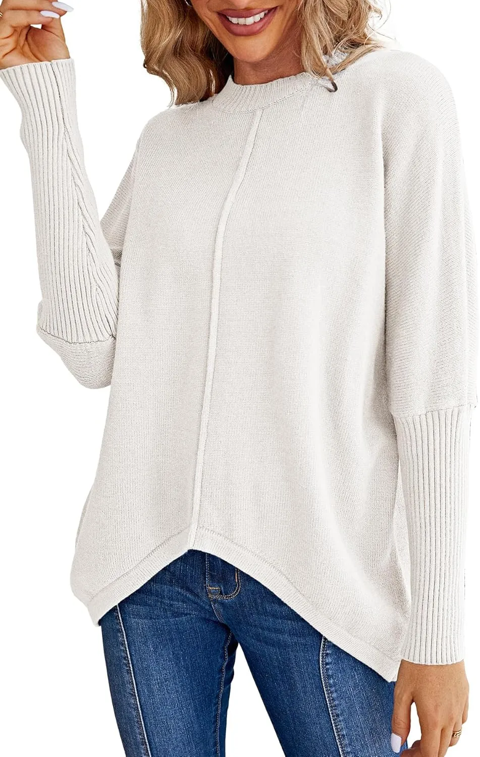 Miessial Women's Oversized Knit Tunic Sweater Long Batwing Sleeve Mock Neck Sweaters Fall Outfits Winter Pullover Jumper Top