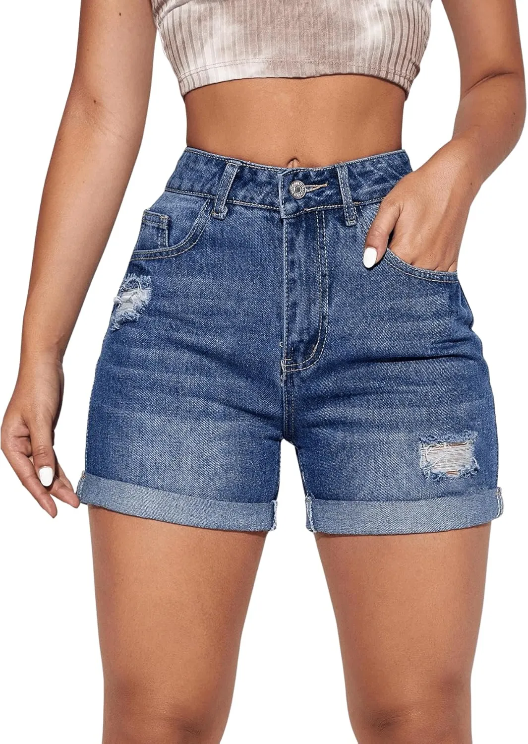 Milumia Women's Ripped Denim Shorts High Waisted Folded Hem Jean Shorts with Pocket