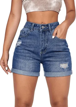 Milumia Women's Ripped Denim Shorts High Waisted Folded Hem Jean Shorts with Pocket