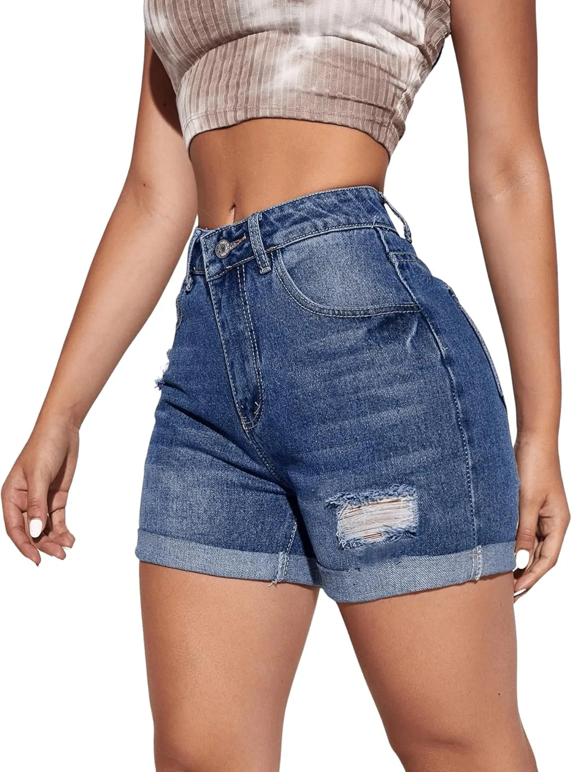Milumia Women's Ripped Denim Shorts High Waisted Folded Hem Jean Shorts with Pocket