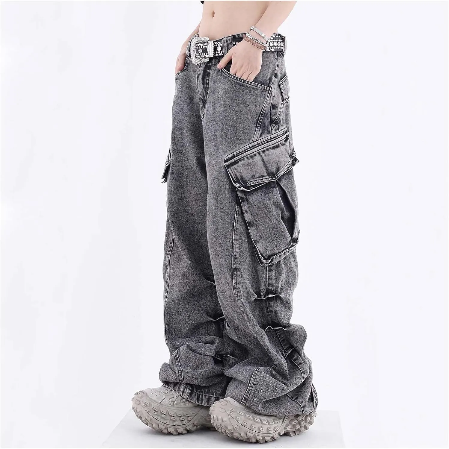 MLAFE Women's Baggy Cargo Pants Y2k Multi-Pocket Relaxed Fit Jeans Grunge Denim Washed Aged Hip Hop Jeans for men and women
