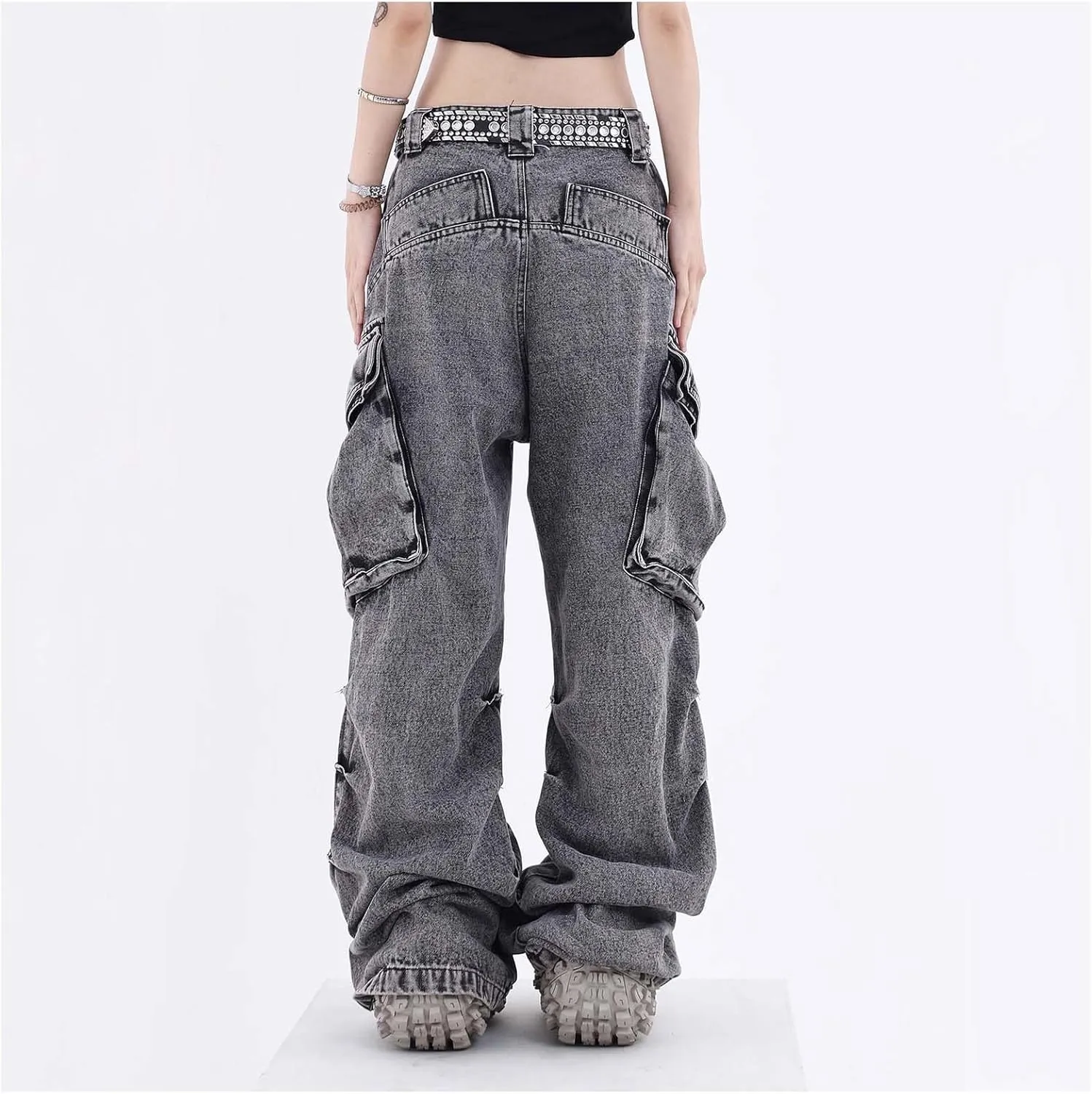MLAFE Women's Baggy Cargo Pants Y2k Multi-Pocket Relaxed Fit Jeans Grunge Denim Washed Aged Hip Hop Jeans for men and women