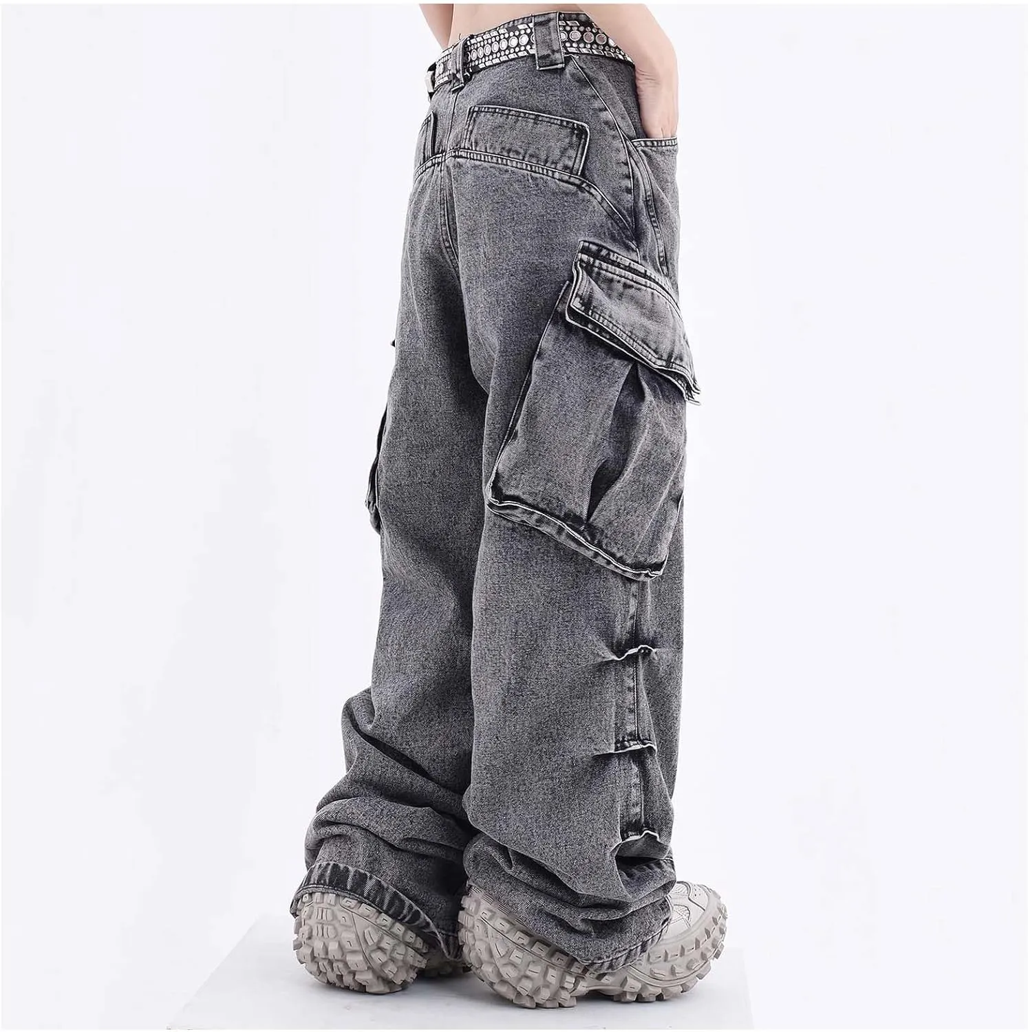 MLAFE Women's Baggy Cargo Pants Y2k Multi-Pocket Relaxed Fit Jeans Grunge Denim Washed Aged Hip Hop Jeans for men and women