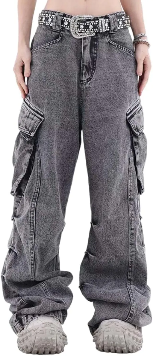 MLAFE Women's Baggy Cargo Pants Y2k Multi-Pocket Relaxed Fit Jeans Grunge Denim Washed Aged Hip Hop Jeans for men and women