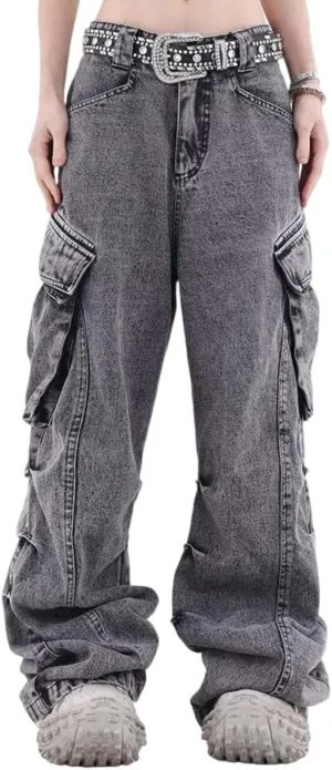 MLAFE Women's Baggy Cargo Pants Y2k Multi-Pocket Relaxed Fit Jeans Grunge Denim Washed Aged Hip Hop Jeans for men and women