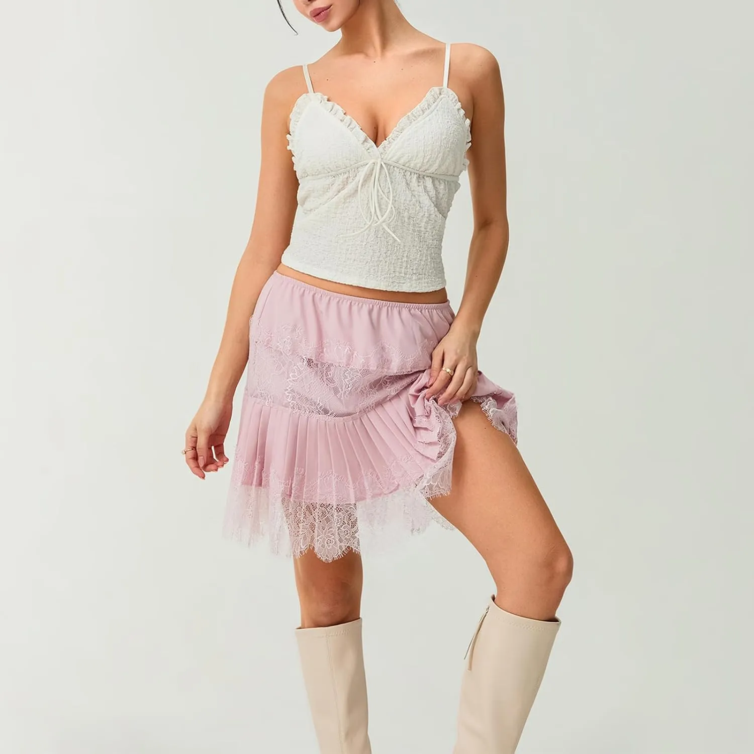Muineobuka Lace Slip Skirts for Women Y2K Low Waist Lace Pleated Ruffle Hem Short Skirts Layered Flowy Underskirt Streetwear