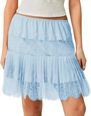 Muineobuka Lace Slip Skirts for Women Y2K Low Waist Lace Pleated Ruffle Hem Short Skirts Layered Flowy Underskirt Streetwear