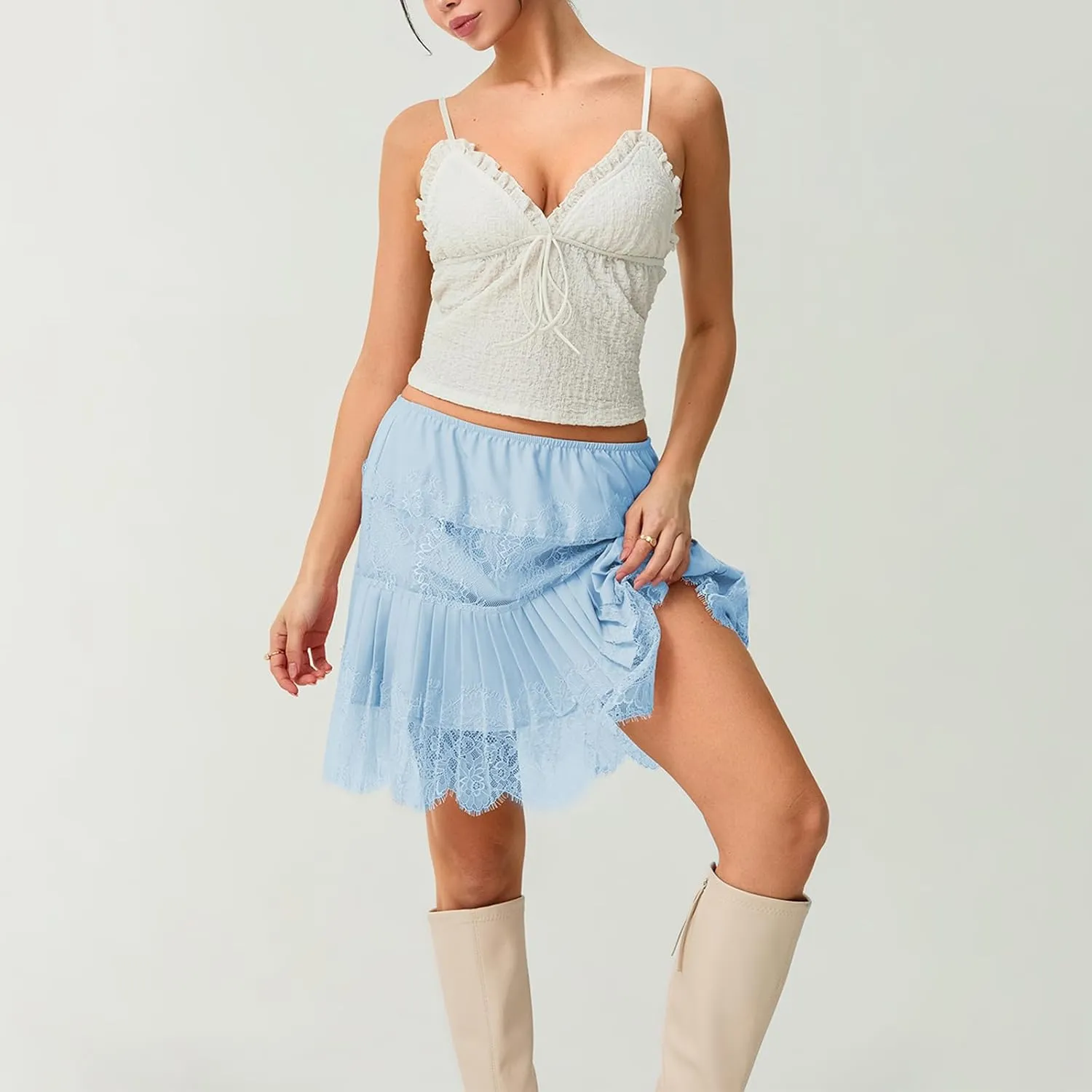 Muineobuka Lace Slip Skirts for Women Y2K Low Waist Lace Pleated Ruffle Hem Short Skirts Layered Flowy Underskirt Streetwear