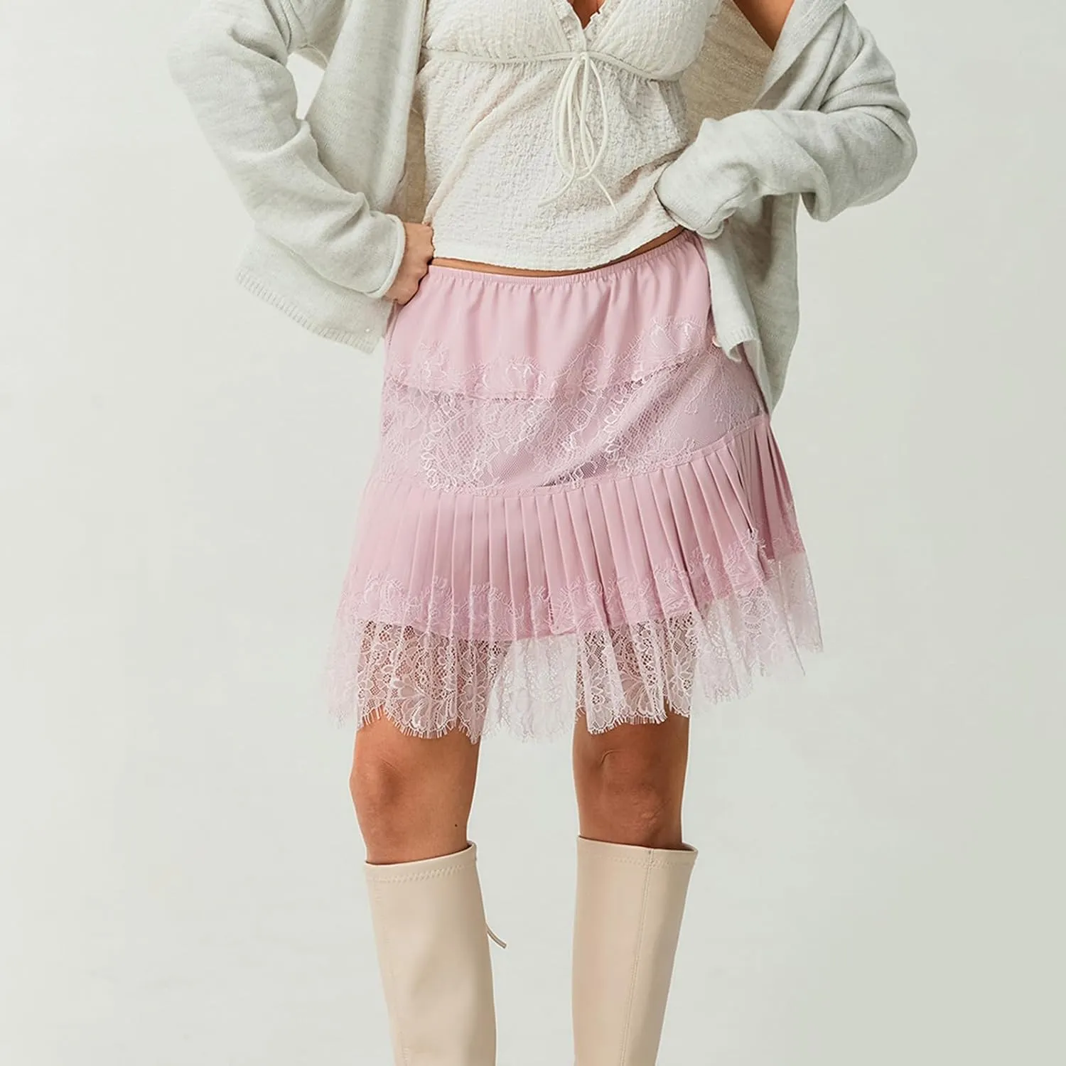 Muineobuka Lace Slip Skirts for Women Y2K Low Waist Lace Pleated Ruffle Hem Short Skirts Layered Flowy Underskirt Streetwear
