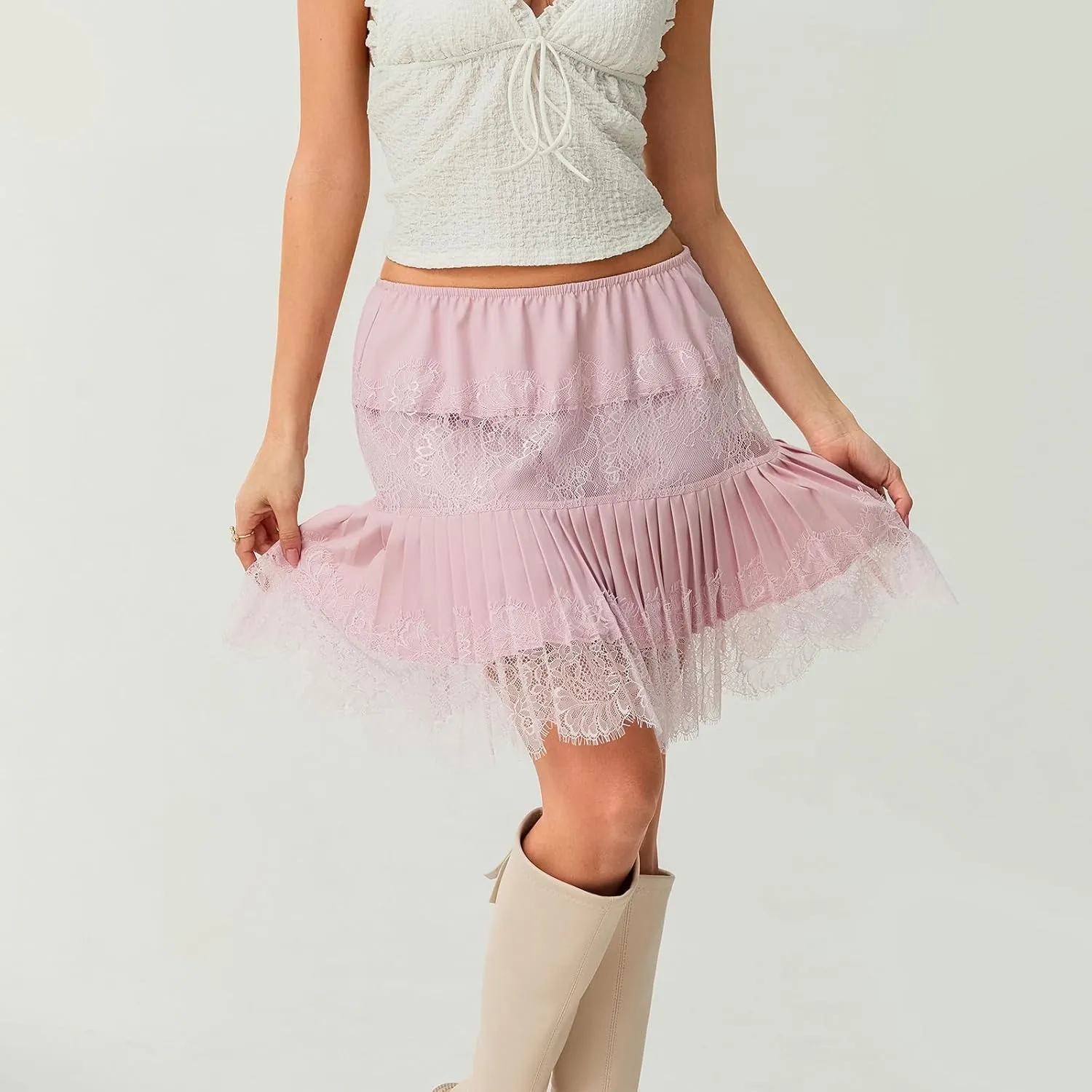 Muineobuka Lace Slip Skirts for Women Y2K Low Waist Lace Pleated Ruffle Hem Short Skirts Layered Flowy Underskirt Streetwear