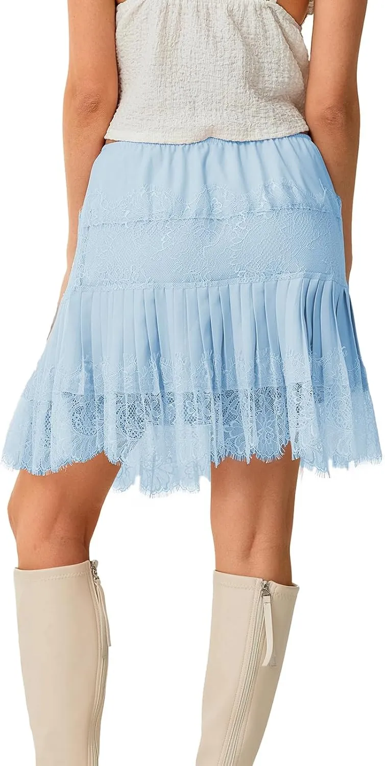 Muineobuka Lace Slip Skirts for Women Y2K Low Waist Lace Pleated Ruffle Hem Short Skirts Layered Flowy Underskirt Streetwear