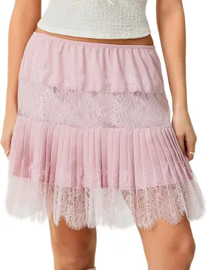 Muineobuka Lace Slip Skirts for Women Y2K Low Waist Lace Pleated Ruffle Hem Short Skirts Layered Flowy Underskirt Streetwear