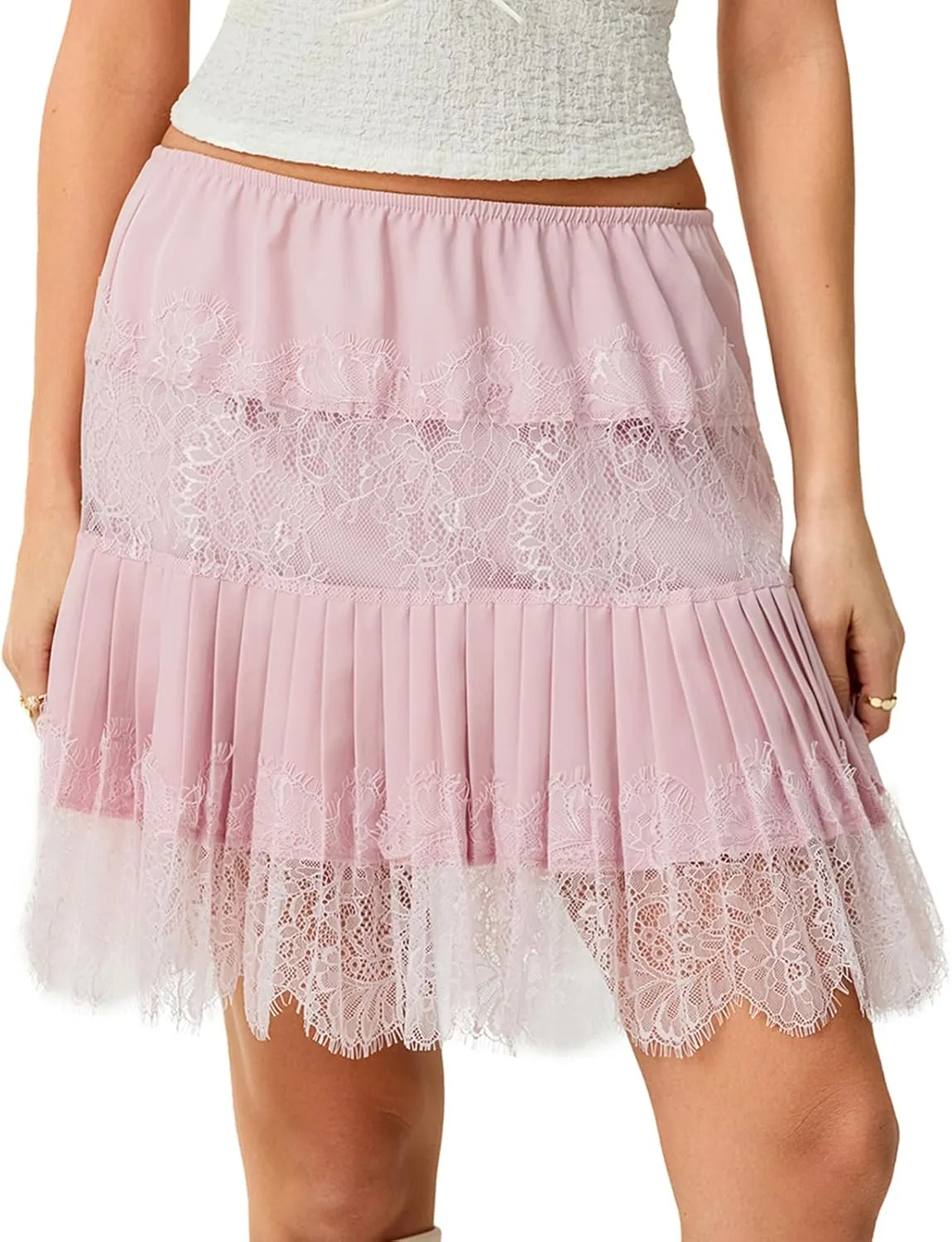 Muineobuka Lace Slip Skirts for Women Y2K Low Waist Lace Pleated Ruffle Hem Short Skirts Layered Flowy Underskirt Streetwear
