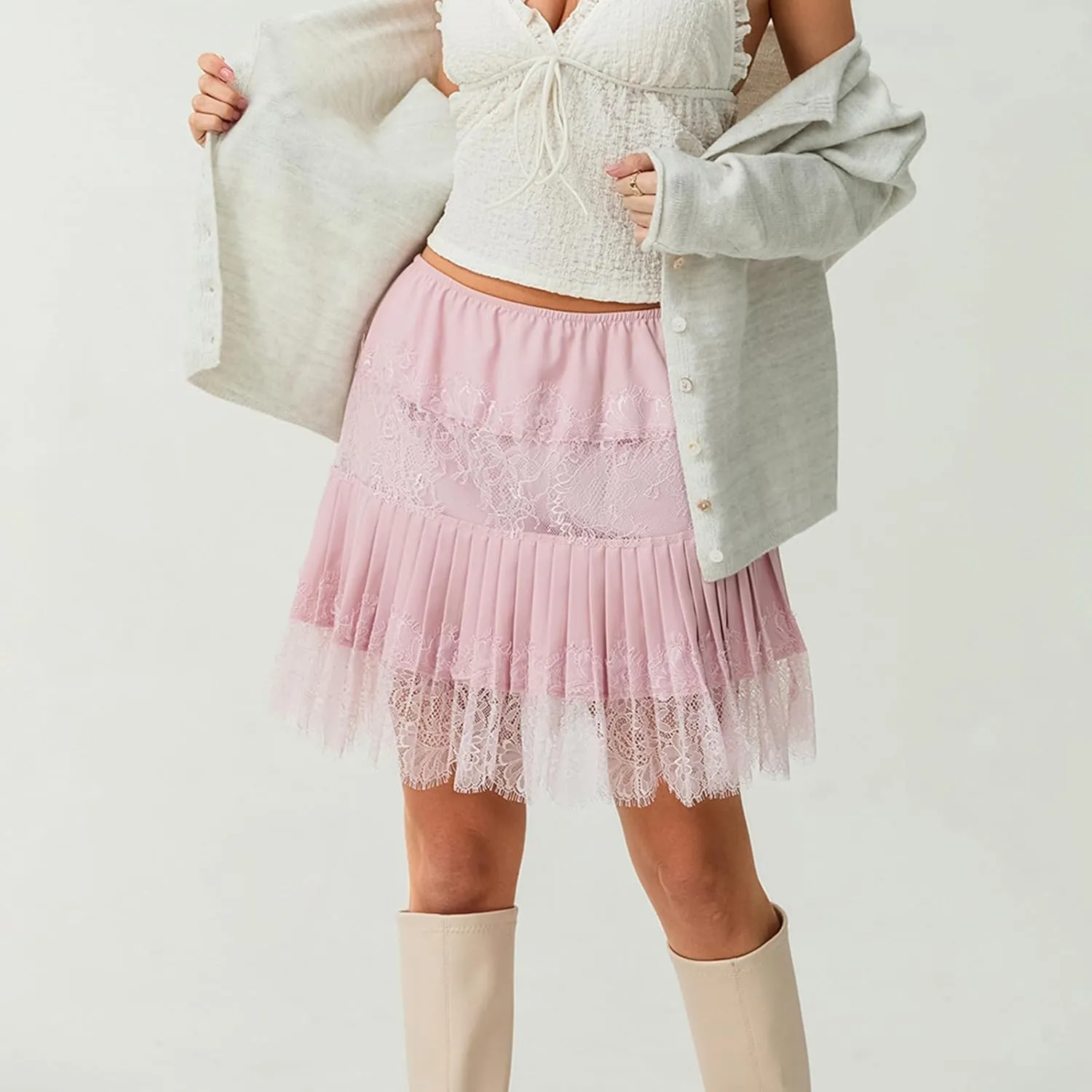 Muineobuka Lace Slip Skirts for Women Y2K Low Waist Lace Pleated Ruffle Hem Short Skirts Layered Flowy Underskirt Streetwear