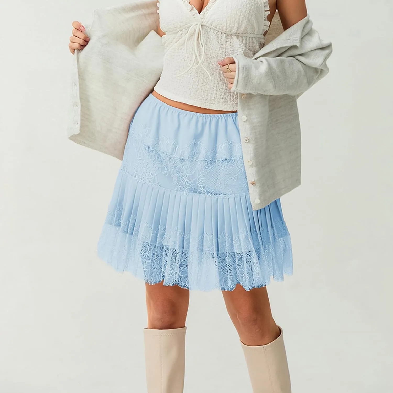 Muineobuka Lace Slip Skirts for Women Y2K Low Waist Lace Pleated Ruffle Hem Short Skirts Layered Flowy Underskirt Streetwear