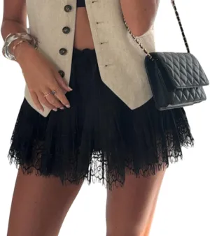Muineobuka Lace Slip Skirts for Women Y2K Low Waist Lace Pleated Ruffle Hem Short Skirts Layered Flowy Underskirt Streetwear